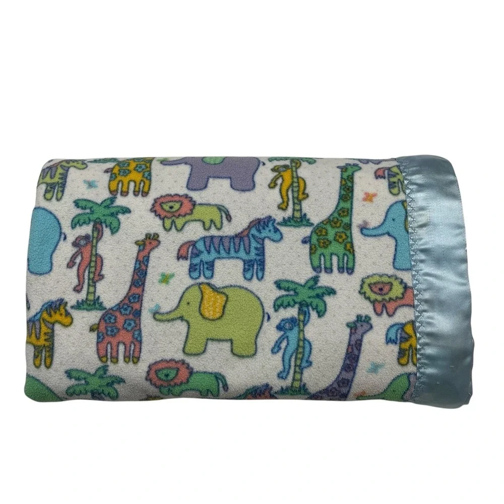 Vintage Blanket‎ Baby Boy Blue Animal Print Satin Trim Zoo Monkey Elephant Lion
